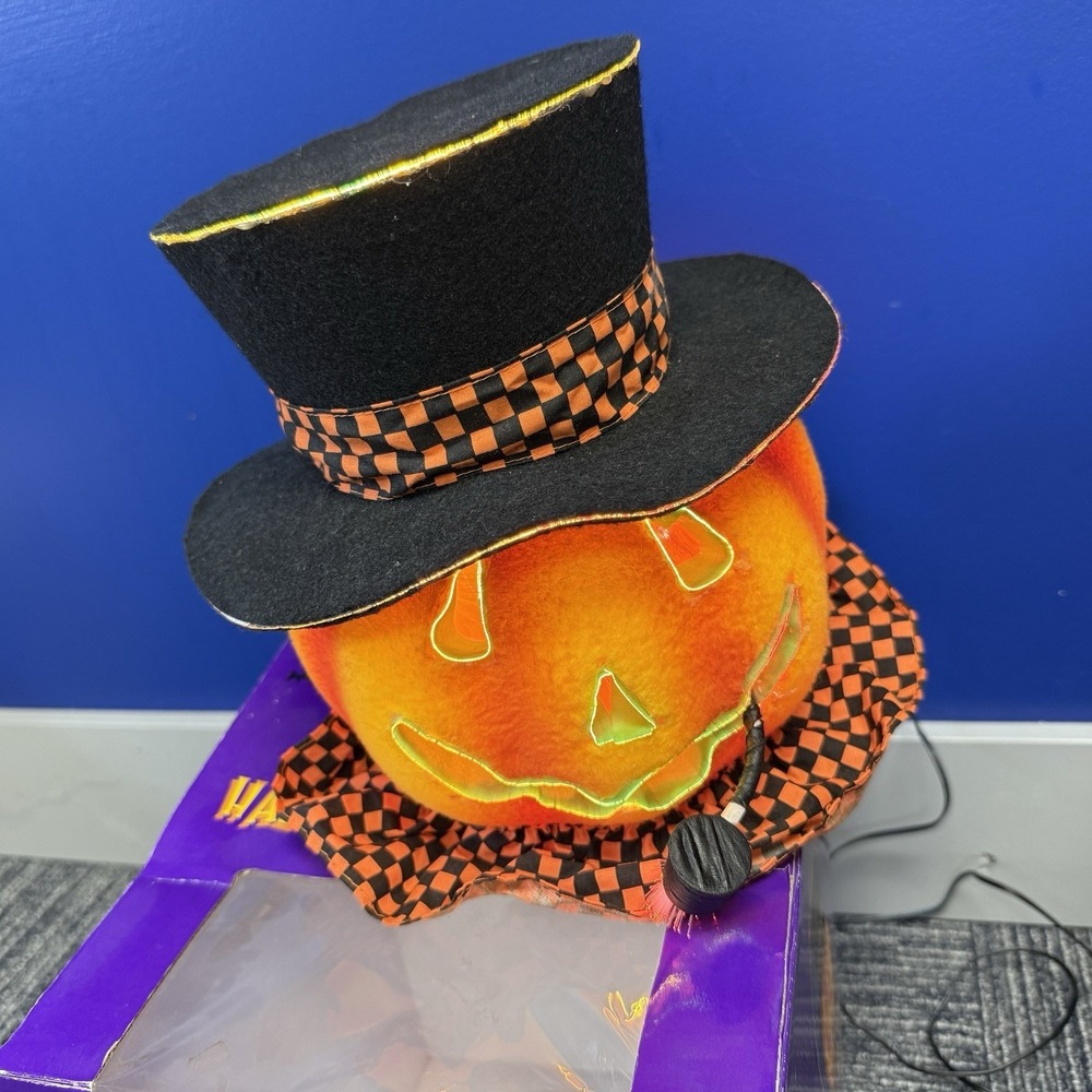 Vintage 2002 Fiber Optic Pumpkin Top Hat Halloween 10" WORKS Spooky Lights